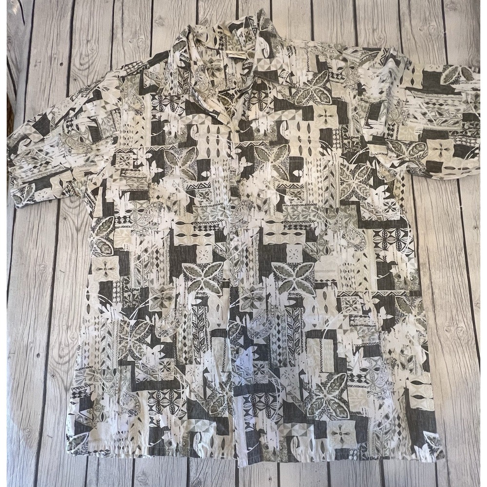 Go Barefoot Hawaiian Tradition Full Button Up Shirt XL Tall White & Green Floral